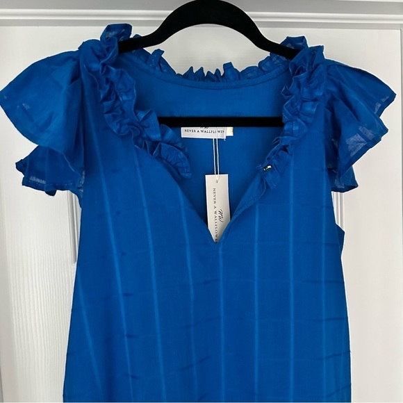 Never A Wallflower Rachel Flutter Sleeve Cotton Windowpane Dress Blue Sz XS NWT - Picture 2 of 13